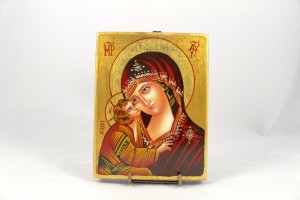 Icona dipinta a mano raffigurante Madonna con Bambino veste marrone.