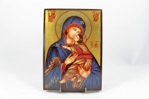 Icona dipinta a mano raffigurante Madonna con Bambino veste azzurra.
