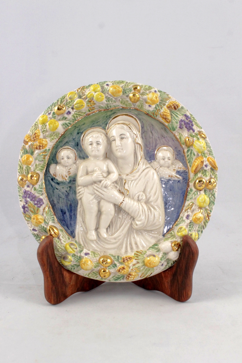 Bassorilievo tondo in Ceramica di Faenza raffigurante Madonna con bambino.